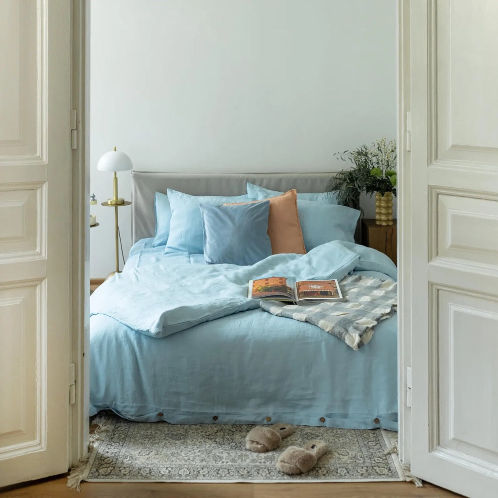 Blue Linen Bedding Set: Organic Natural Bed Linen Duvet Cover and 2 Pillowcases in Queen, King