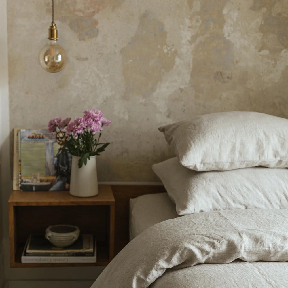 Natural melange linen flat sheet in king, queen & other custom sizes, stone washed soft natural linen bed