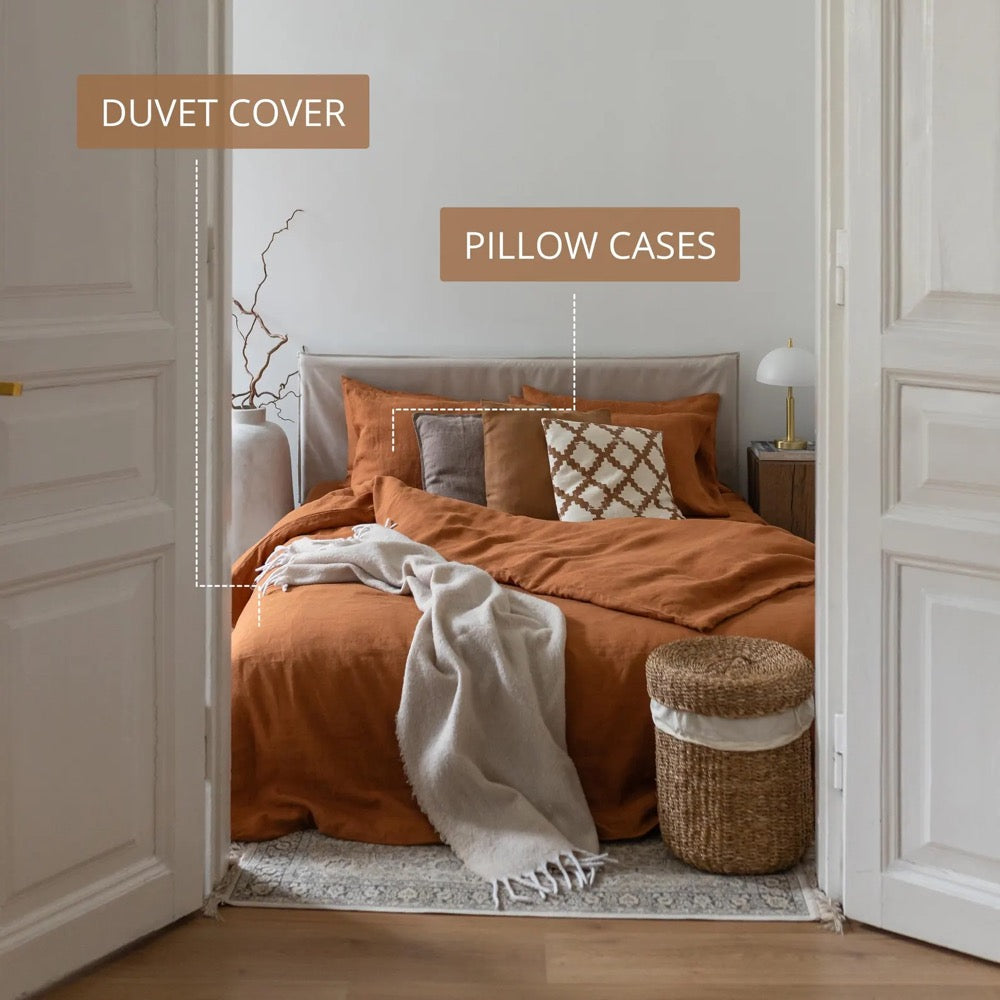 Cinnamon linen bed set: 1 duvet cover and 2 pillowcases, natural 100% flax linen bedding in queen