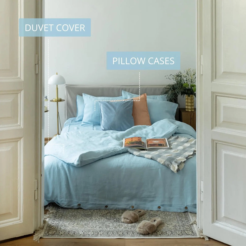 Blue Linen Bedding Set: Organic Natural Bed Linen Duvet Cover and 2 Pillowcases in Queen, King