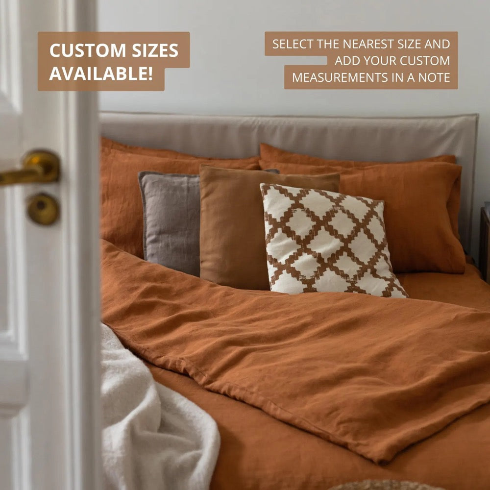 Cinnamon linen bed set: 1 duvet cover and 2 pillowcases, natural 100% flax linen bedding in queen