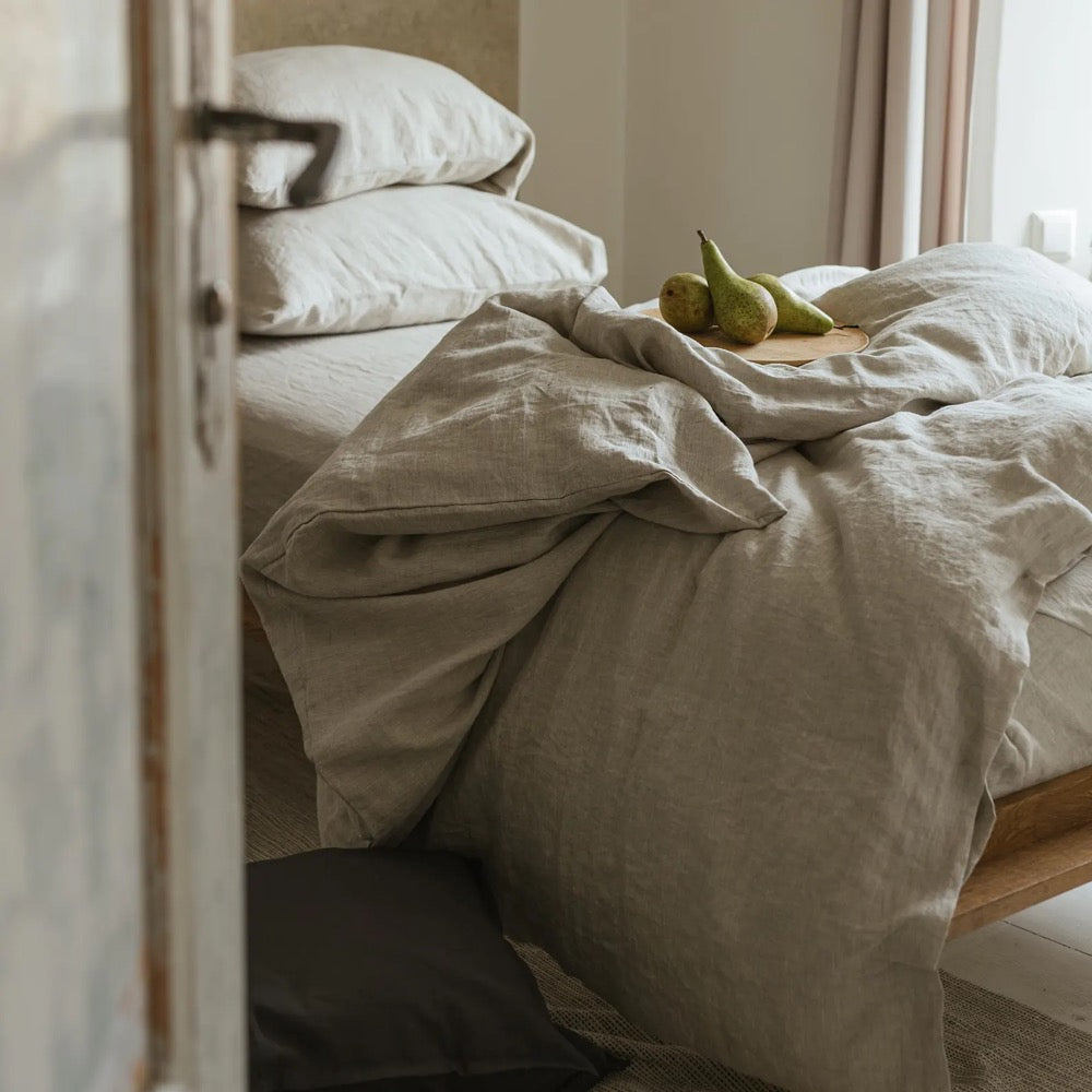 Natural melange linen flat sheet in king, queen & other custom sizes, stone washed soft natural linen bed