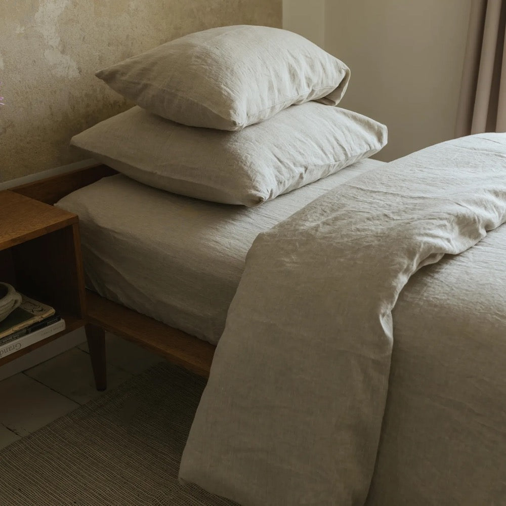Natural melange linen flat sheet in king, queen & other custom sizes, stone washed soft natural linen bed