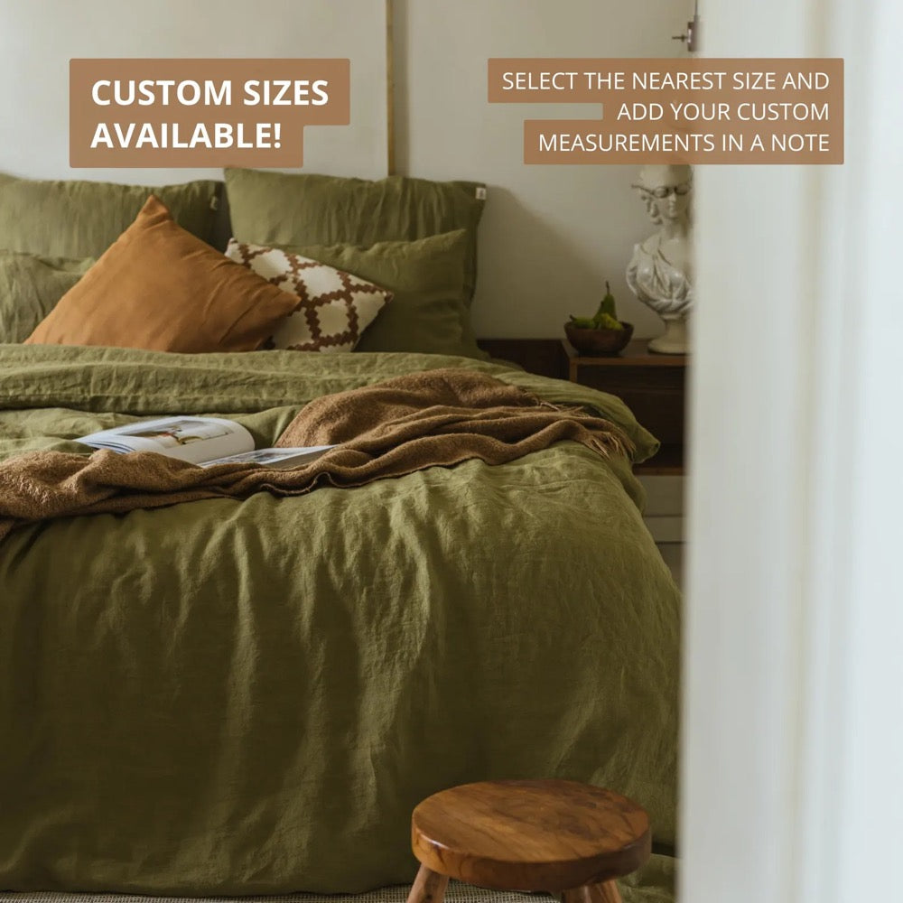 Linen sheet set in Olive Green color. Fitted sheet, flat sheet, 2 pillowcases. Custom size bedding