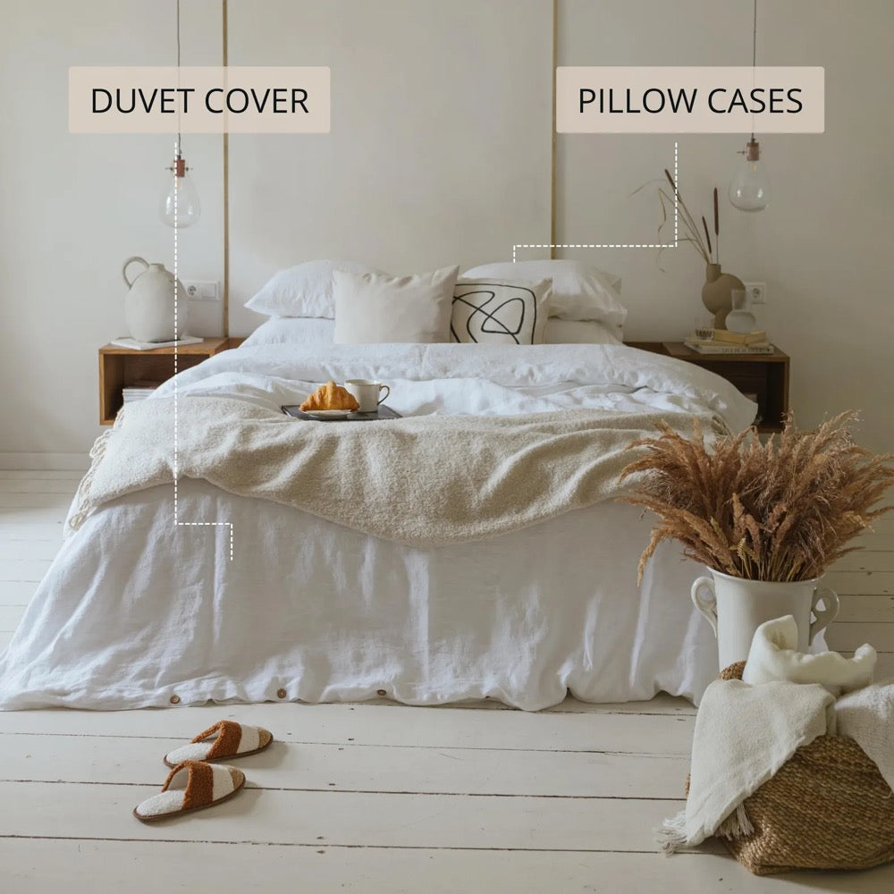 White bed linens: set of 1 duvet cover and 2 pillowcases, natural organic flax linen bedding in